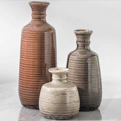 Ceramic Vases Set of 3, Neutral Rustic Farmhouse Vase with Handle, Decorative Flower Vases Home Decor Modern Boho Pampass Vase for Table Mantel Entryway Shelf Living Room Kitchen Bathroom - Brown