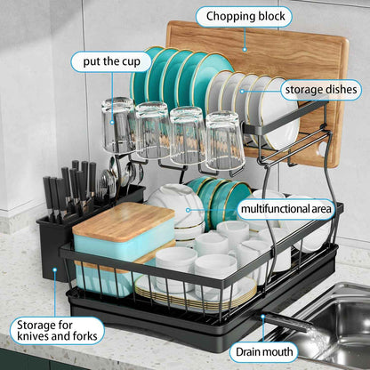 7 code Large Dish Drying Rack for Kitchen Counter, Detachable Large Capacity Dish Drainer Organizer, 2-Tier Dish Racks with Utensil Holder, Black