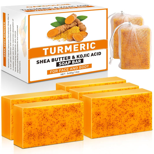5 Pack Turmeric Kojic Acid Soap Bars(80g) - Infused with Retinol, Hydrolyzed Collagen, Vitamin E & Shea Butter, Gentle Care for Face, Body & Underarms, SLS Free, Suitable for Oily & Dry Skin