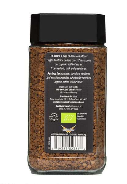 mount hagen 3.53oz organic medium roast arabica instant coffee eco-friendly fair-trade jar