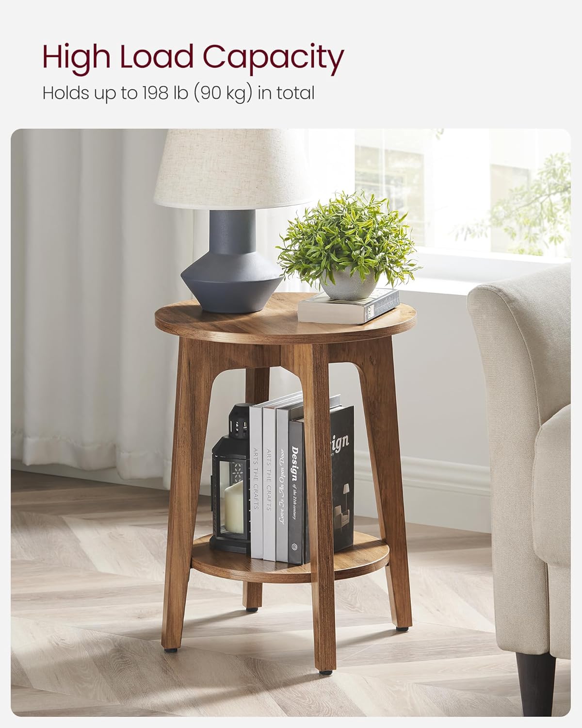 VASAGLE MAEZO Collection - Side Table, 2-Tier Small Round End Table, Nightstand with Tapered Legs, Curved Transitions, for Small Spaces, Living Room, Bedroom, Rustic Walnut ULET283T41