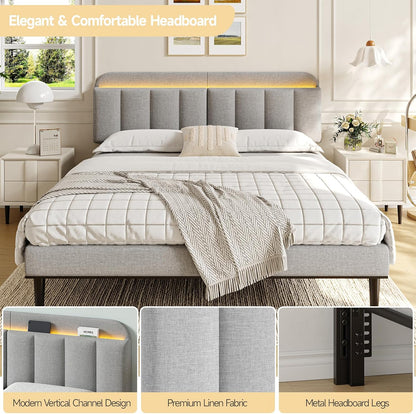 ONBRILL Adjustable Headboard for King/California King Size Bed Frame, Linen Fabric Bed Headboard with Storage & RGB LED Light in Modern Vertical Channel Design, Light Grey