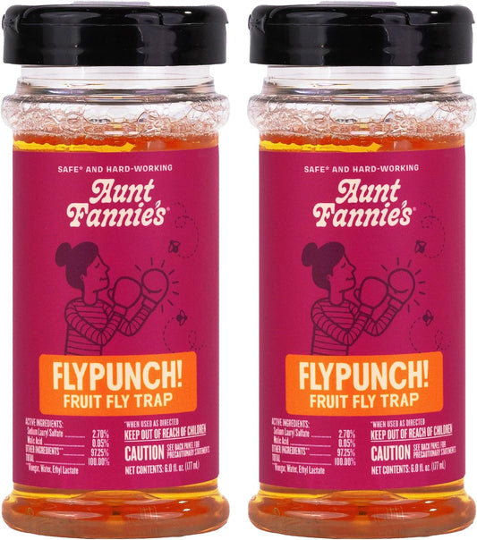 Aunt Fannie's FlyPunch Fruit Fly Trap for Indoor and Kitchen Use, Ready to Use, Made with Plant Based Ingredients, Safe Near Food, Each Bottle Lasts Up to 30 Days, Pack of 2