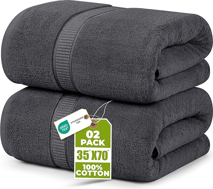 Utopia Towels Jumbo Bath Sheet 2 Piece, 600 GSM, 35 by 70 Inches, 100% Ring Spun Cotton, Absorbent and Quick Dry Extra Large Bath Towel, Grey