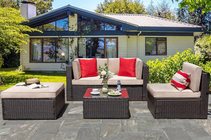 Vongrasig 5 Piece Patio Furniture Sets, Outdoor Patio Set Sectional Sofa, All-Weather PE Rattan Outdoor Couch with Ottoman, Glass Table for Garden, Backyard, Porch, Beige